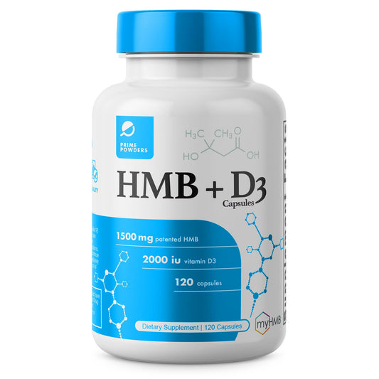 Botella suplemento HMB y vitamina D3 Prime Powders 120 cápsulas