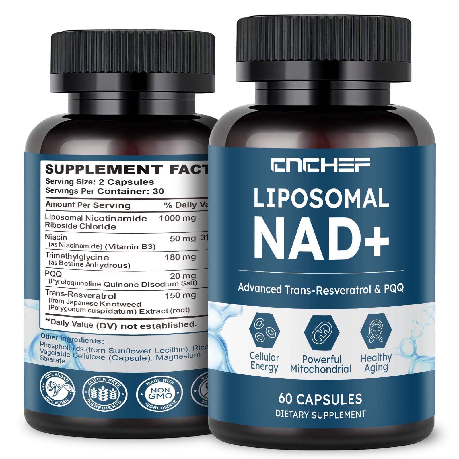 Botella suplemento liposomal NAD+ 1000mg CNCHEF en cápsulas