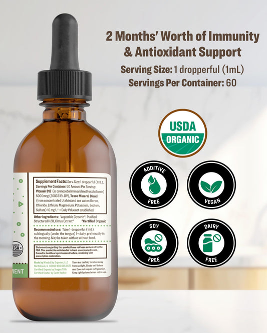 Botella de suplemento líquido RawGuru vitamina B12 con minerales traza