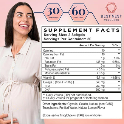 Botella de suplemento prenatal Best Nest Wellness con omega-3