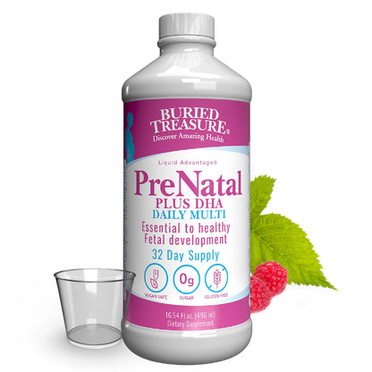 Botella de suplemento prenatal Buried Treasure Plus DHA sabor naranja banana