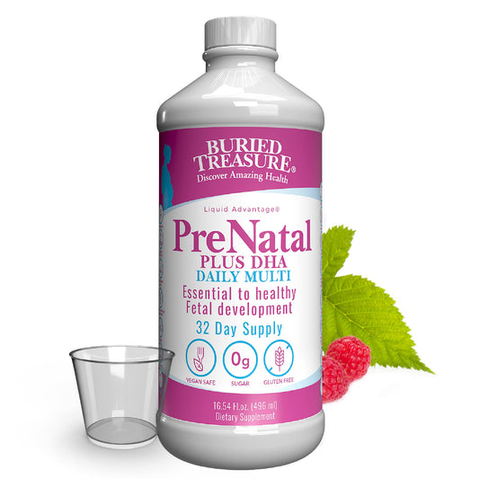 Botella de suplemento prenatal Buried Treasure Plus DHA sabor naranja banana