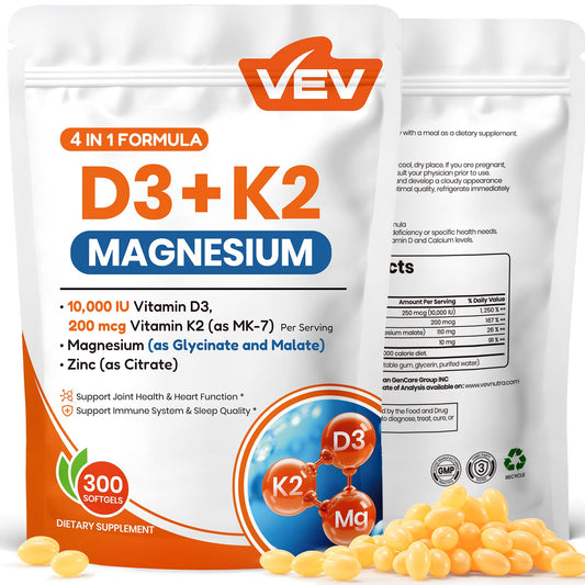 Botella suplemento VEV vitamina D3 K2 y magnesio 300 cápsulas