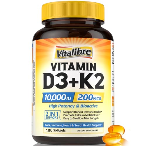 Botella de suplemento Vitalibre vitamina D3 K2 180 cápsulas
