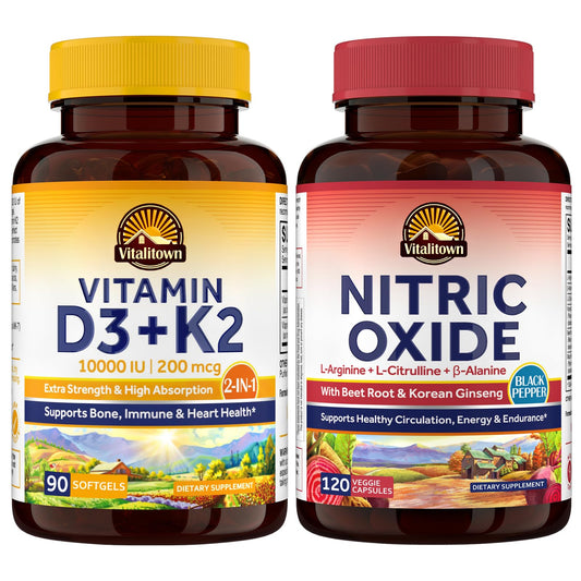 Botella suplemento Vitalitown vitamina D3 K2 10000 IU 120 cápsulas