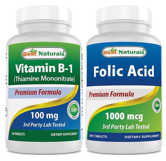 Botella suplemento Vitamina B1 y Ácido Fólico Best Naturals
