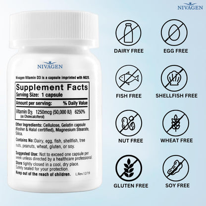 Botella de suplemento Vitamina D3 50000 UI Nivagen
