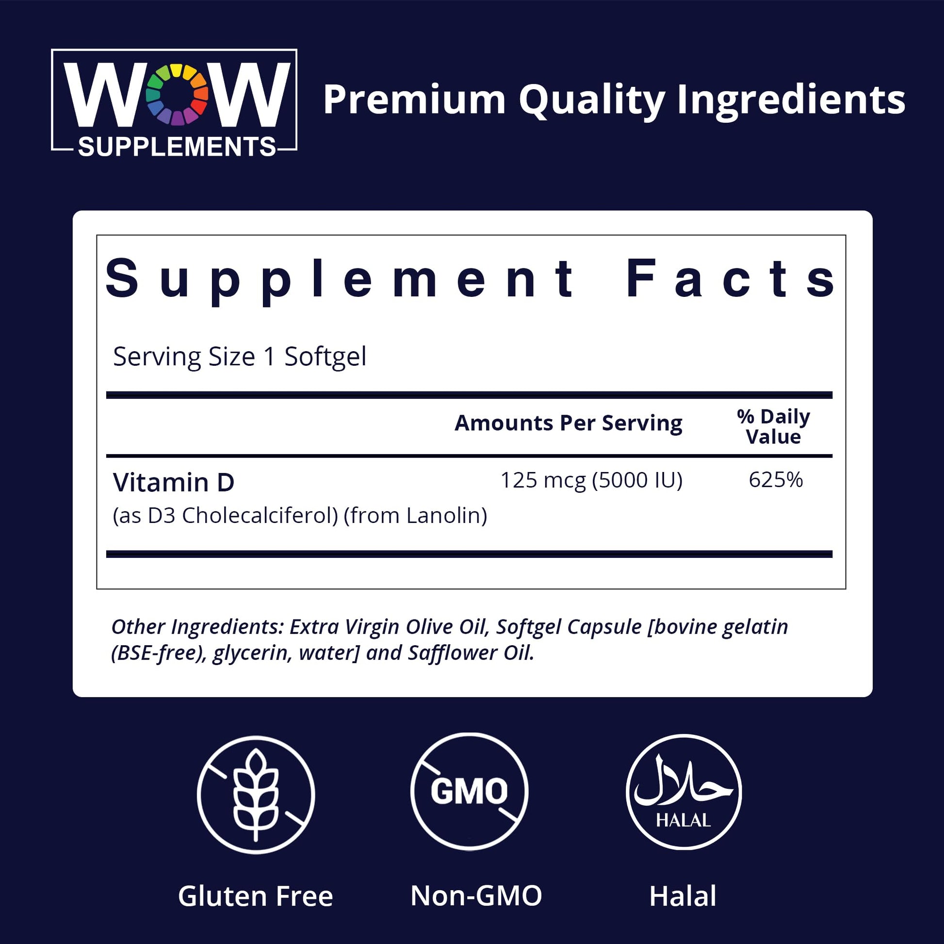 Botella suplemento vitamina d3 5000ui wow supplements lateral