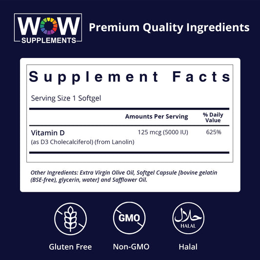 Botella suplemento vitamina d3 5000ui wow supplements lateral