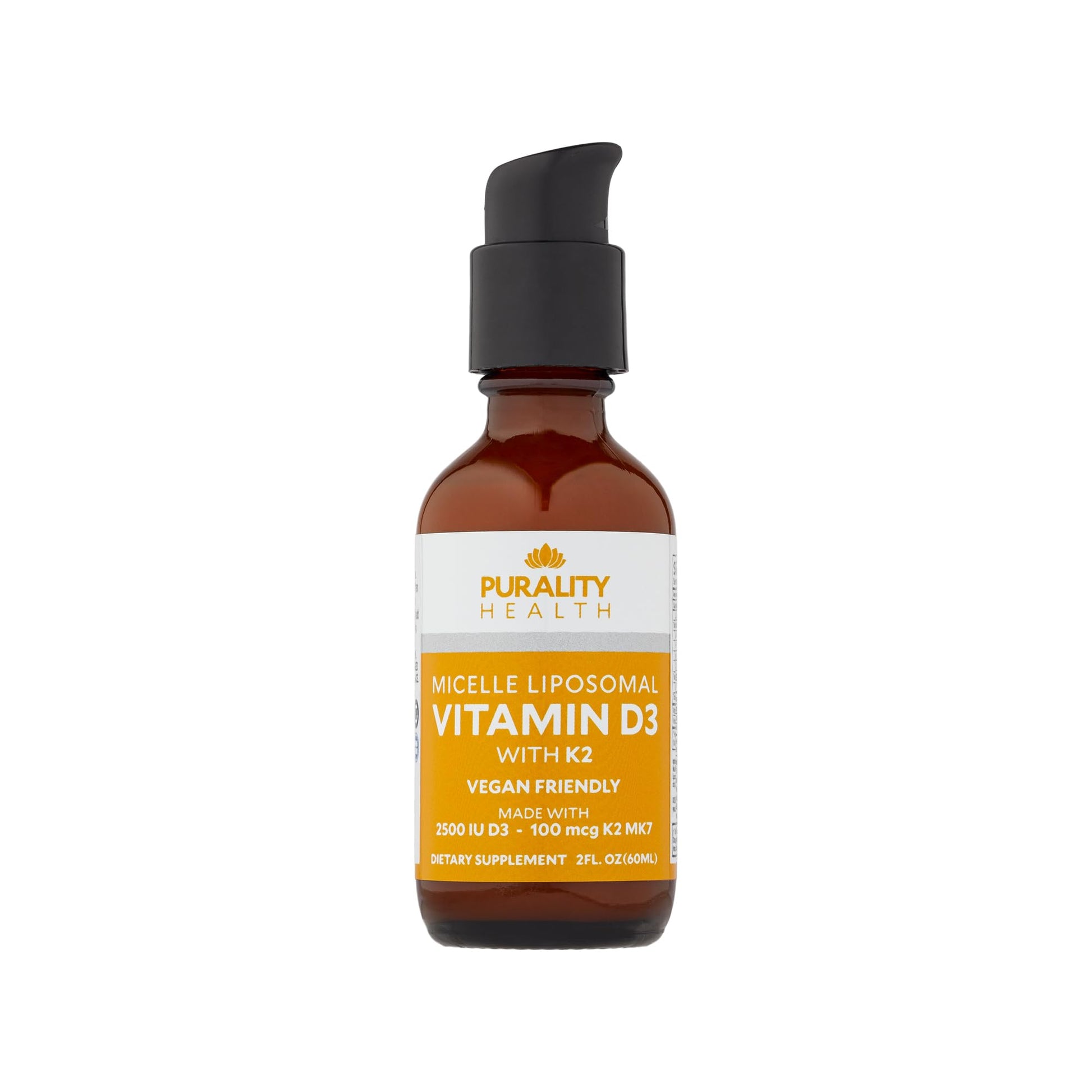 Botella de suplemento líquido vitamina d3 y k2 Purality Health 2 oz