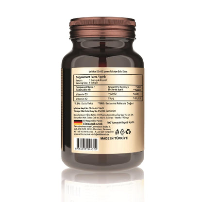Botella suplemento vitamina D3 K2 no GMO sin gluten 180 cápsulas