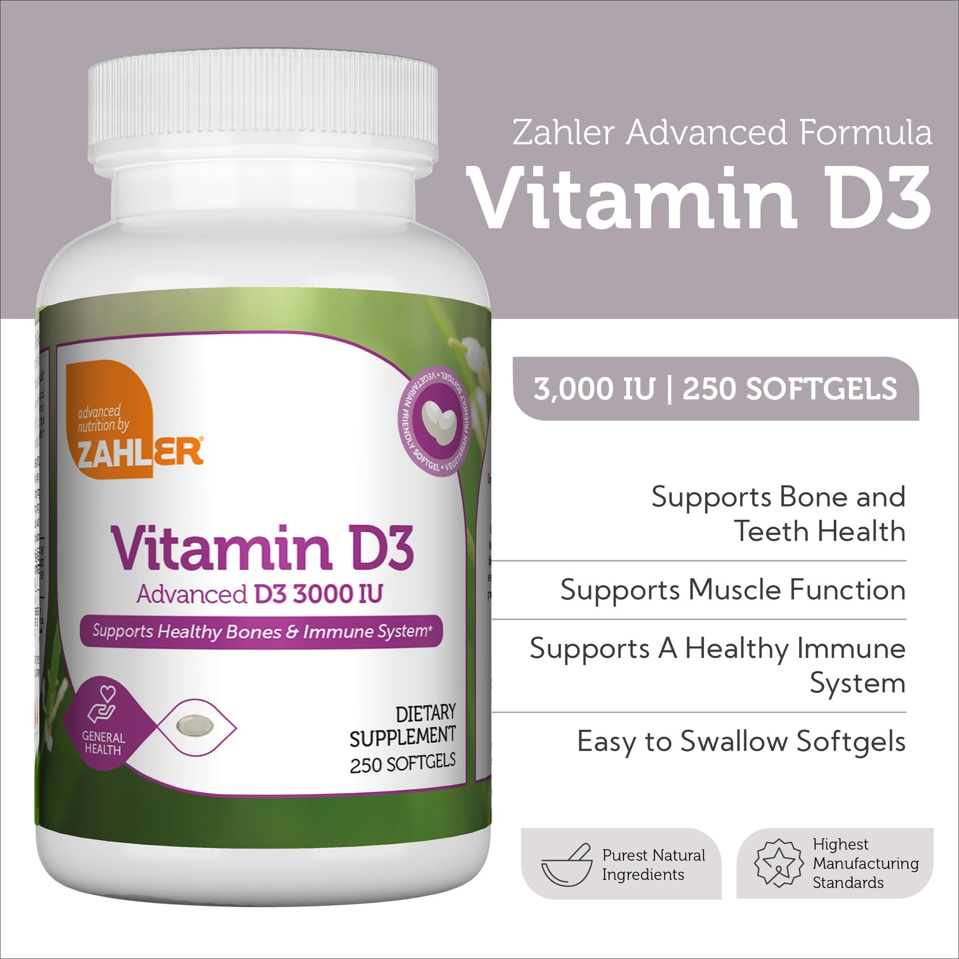 Botella suplemento vitamina d3 zahler 3000 ui 250 softgels