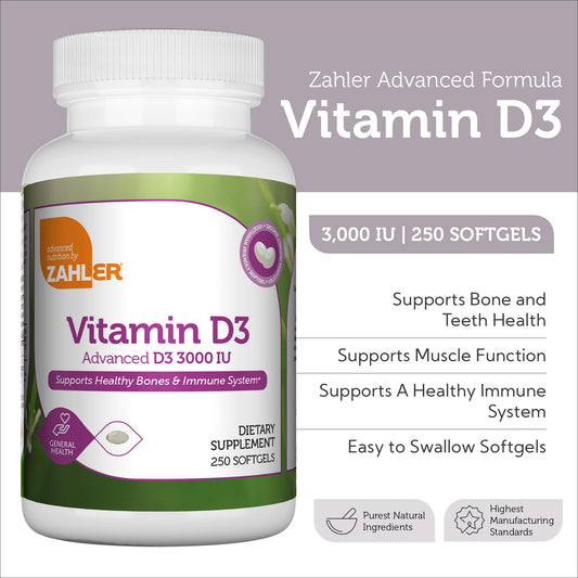 Botella suplemento vitamina d3 zahler 3000 ui 250 softgels