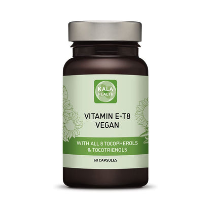 Botella de suplemento vegano de vitamina E Kala Health con cápsulas