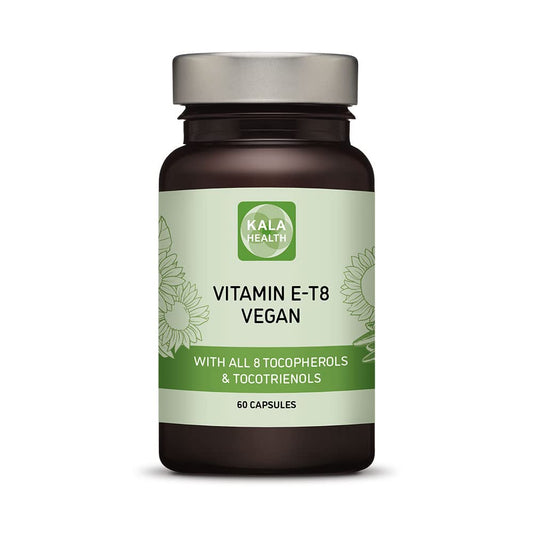 Botella de suplemento vegano de vitamina E Kala Health con cápsulas