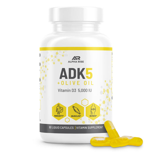 Botella suplemento vitaminas ADK Alpha Rise 90 cápsulas líquidas