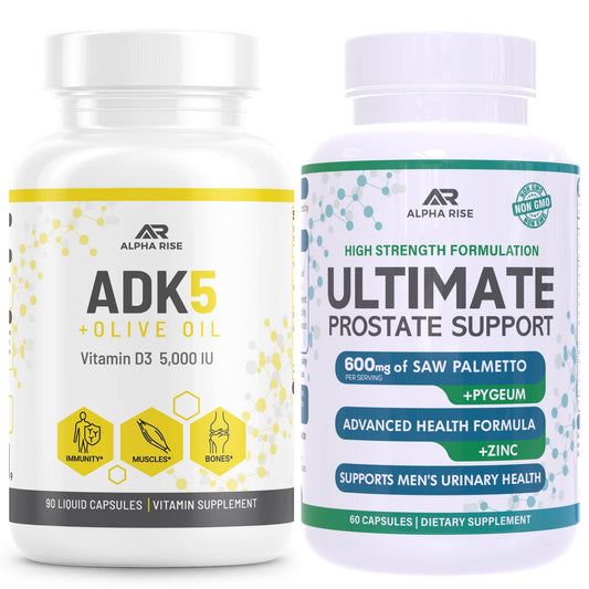 Botella suplemento vitaminas ADK Alpha Rise apoyo próstata