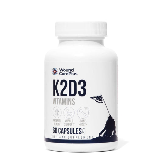 Botella de suplemento Wound Care Plus Vitaminas K2 y D3 60 cápsulas
