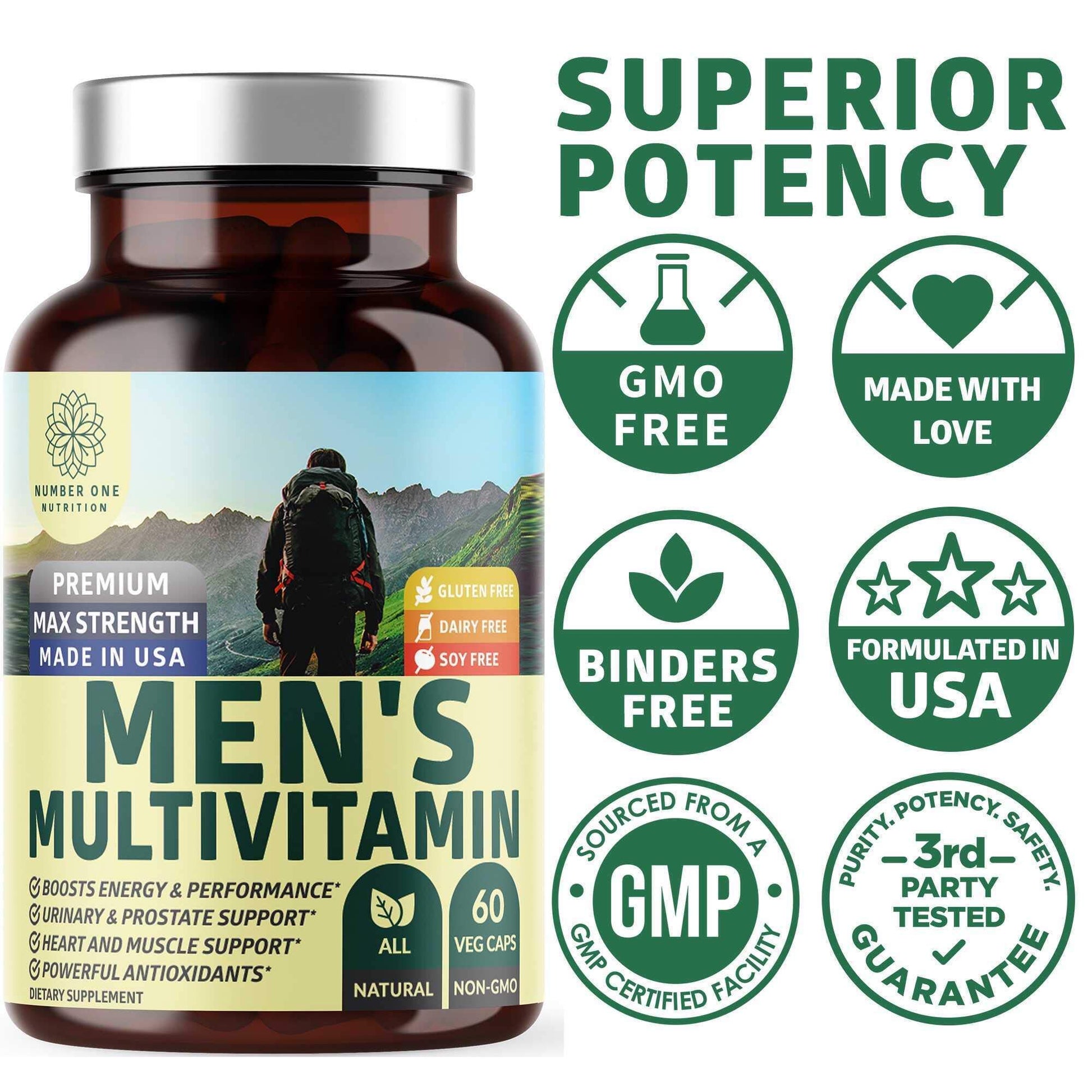 Botella de suplementos N1N con logos de pureza y calidad