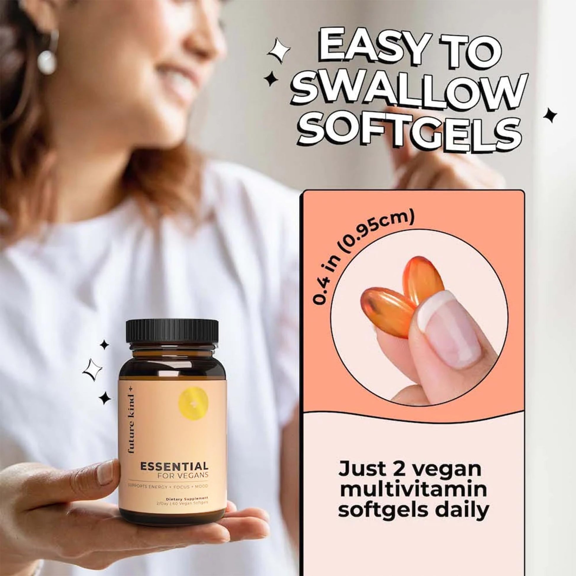 Botella de suplementos veganos con vitaminas D3