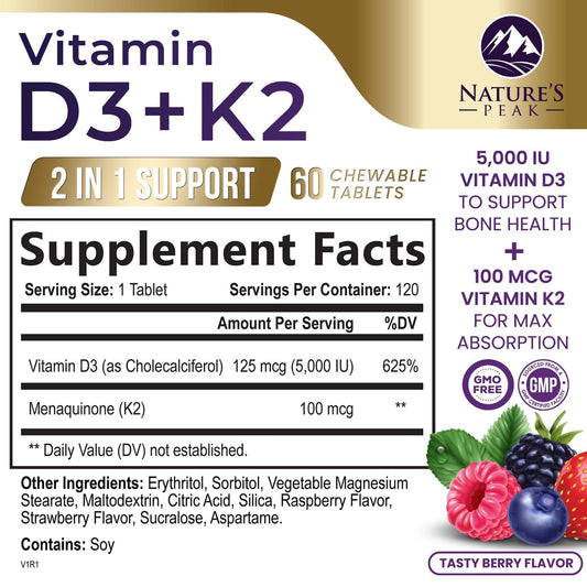 Botella de tabletas masticables vitamina d3 y k2 natures peak