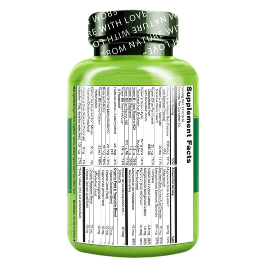 Botella trasera de multivitaminas NATURELO con etiquetas