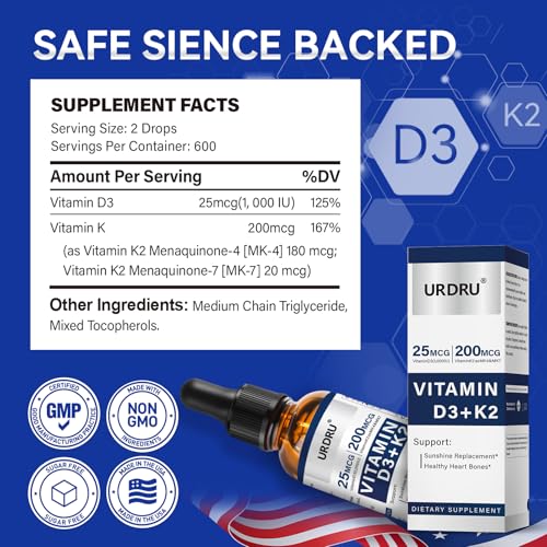 Botella URDRU gotas vitamina D3 K2 con aceite MCT de coco
