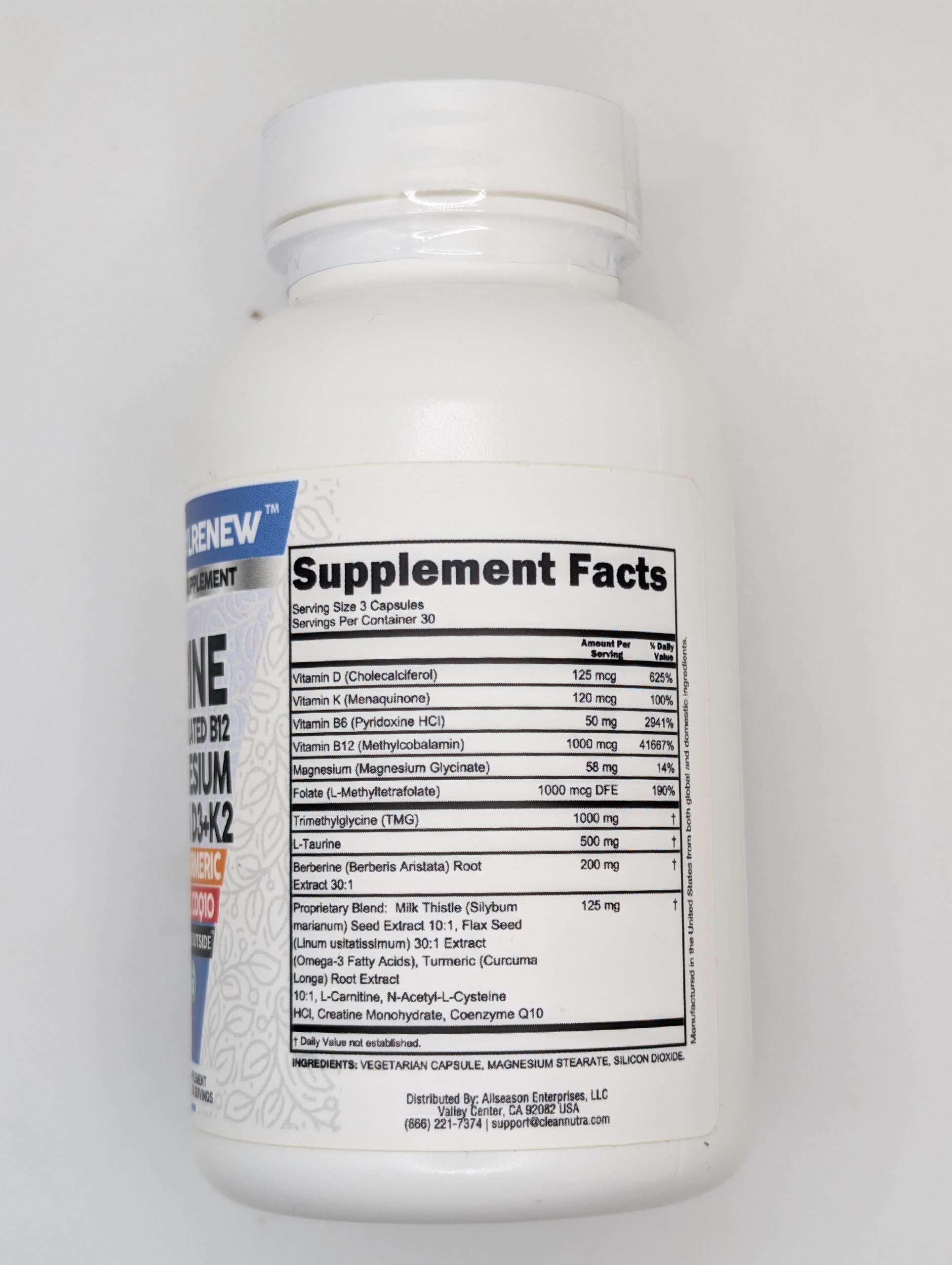 Botella de multivitamínico metilado Clean Nutra con lista de valores nutricionales.