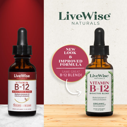 Botella vidrio ámbar vitamina b12 gotas LiveWise Naturals