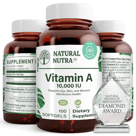 botella de vitamina A Natural Nutra 10,000 UI en cápsulas blandas