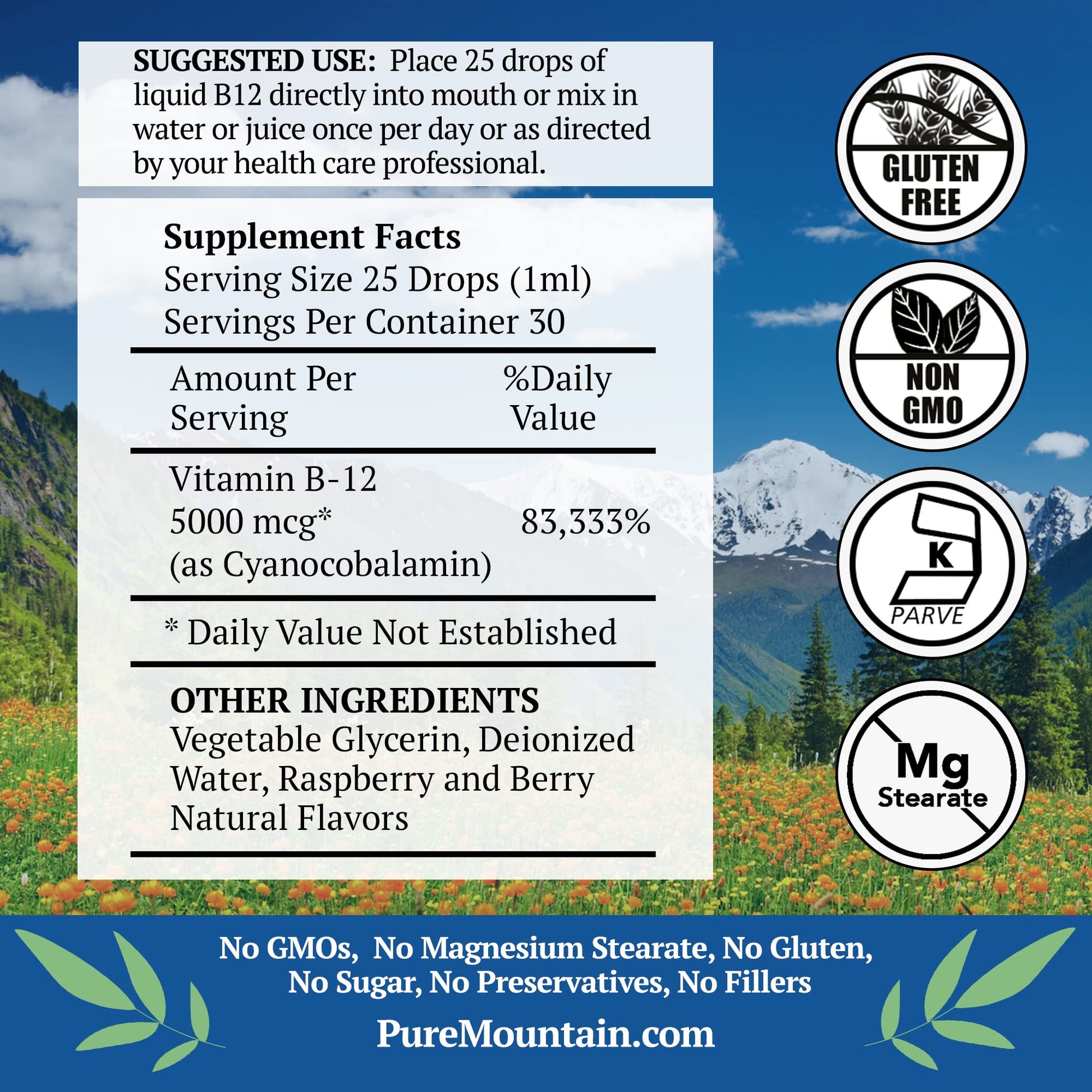 Botella vitamina b12 kosher pure mountain botanicals 1oz frutos rojos