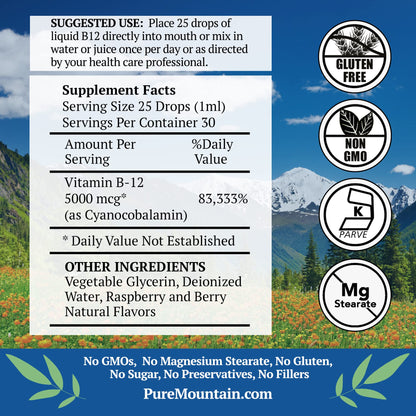 Botella vitamina b12 kosher pure mountain botanicals 1oz frutos rojos