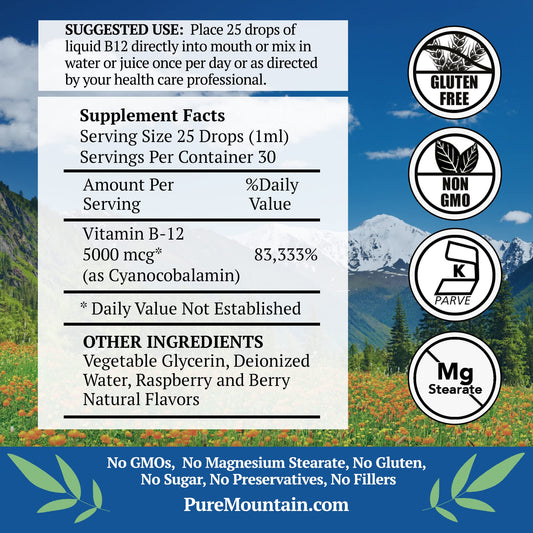 Botella vitamina b12 kosher pure mountain botanicals 1oz frutos rojos