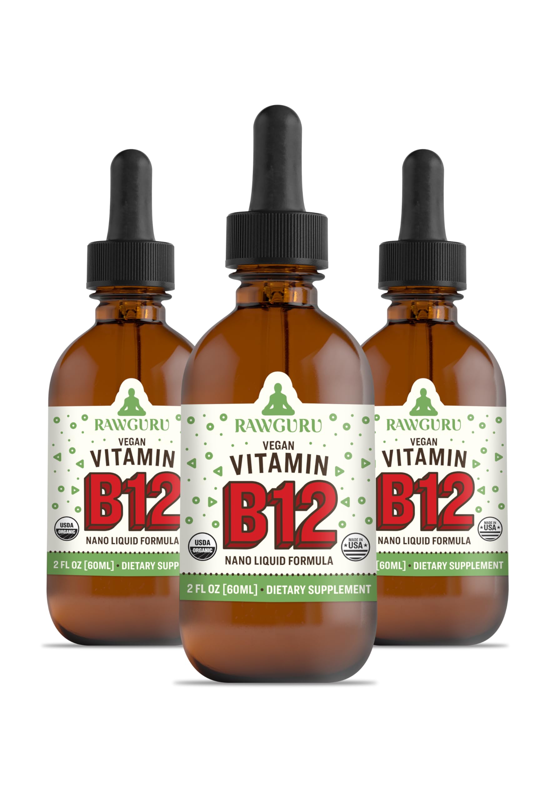 Botella de vitamina B12 líquida vegana RawGuru con etiqueta orgánica y sabor cítrico