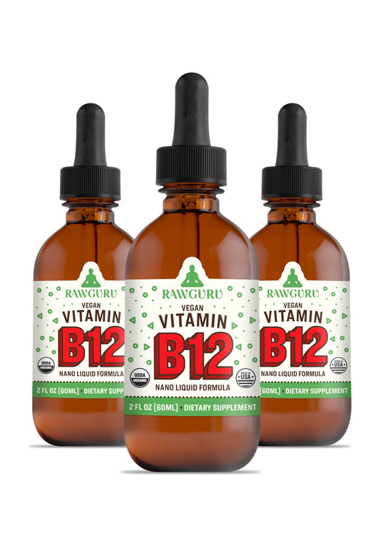 Botella de vitamina B12 líquida vegana RawGuru con etiqueta orgánica y sabor cítrico