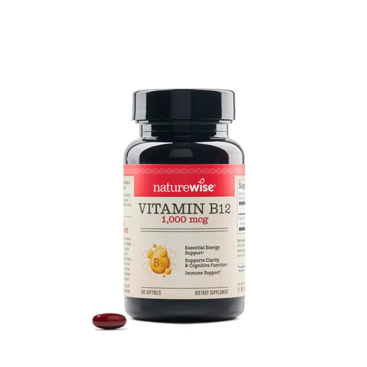 Botella vitamina B12 NatureWise 1000 mcg 150 cápsulas rojas