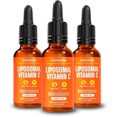 Botella de vitamina C liposomal BASIC GREENS en fondo blanco