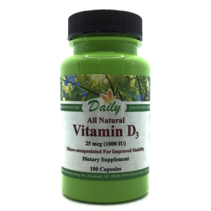 Botella de Vitamina D3 1000 UI Daily Manufacturing 100 cápsulas