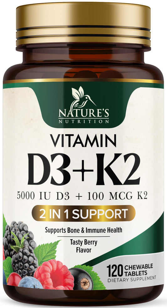 Botella vitamina D3 5000 IU con K2 MK-7 tabletas masticables sabor baya