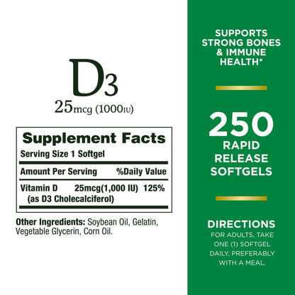 Botella de Vitamina D3 mostrando etiqueta