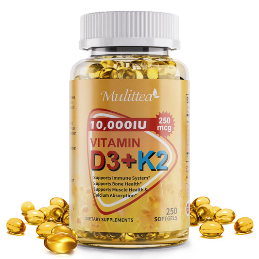 Botella Vitaminas D3 10000 UI + K2 MK7 200 mcg Mulittea 300 cápsulas