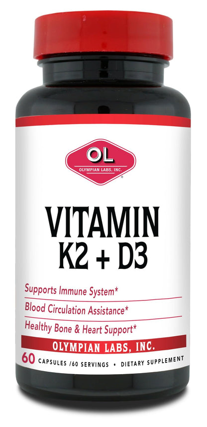 Botella de vitaminas K2 y D3 de Olympian Labs 60 cápsulas veganas