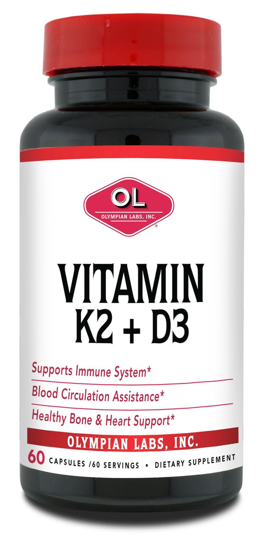 Botella de vitaminas K2 y D3 de Olympian Labs 60 cápsulas veganas