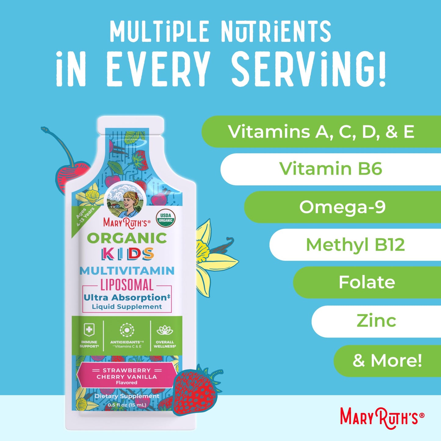 Botella de vitaminas líquidas niños, nutrientes esenciales