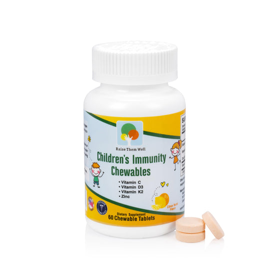 Botella de vitaminas para niños con sabor cítrico.