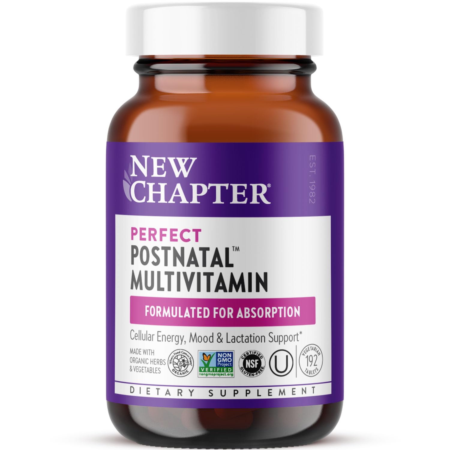 Botella de vitaminas postnatales New Chapter frente