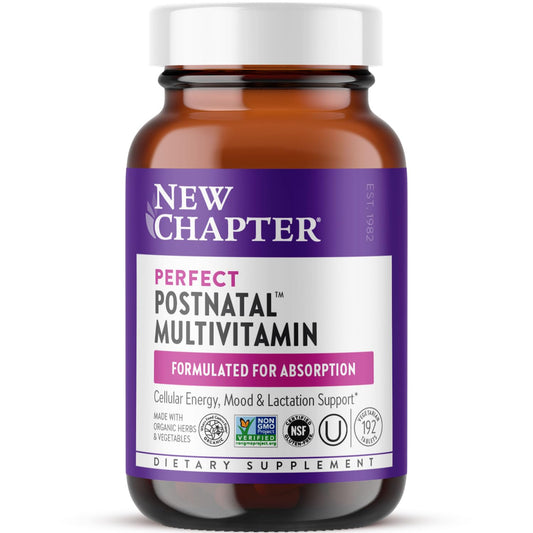 Botella de vitaminas postnatales New Chapter frente