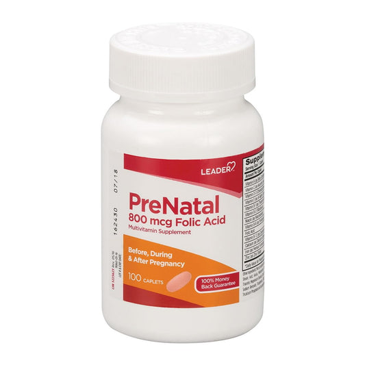 Botella de vitaminas prenatales Leader con 100 caplets