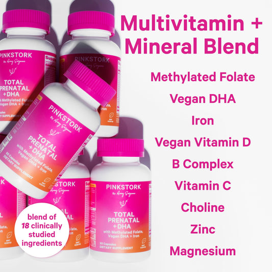 Botella de vitaminas prenatales Pink Stork con DHA