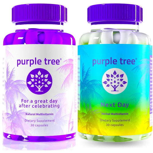 botella de vitaminas purple tree para bienestar post-celebración